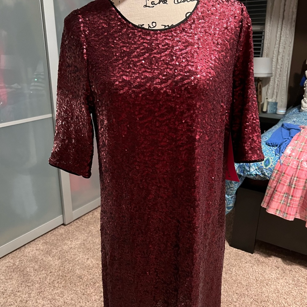 NWT Betsy Johnson sequined wine colored dress with dip back size 12